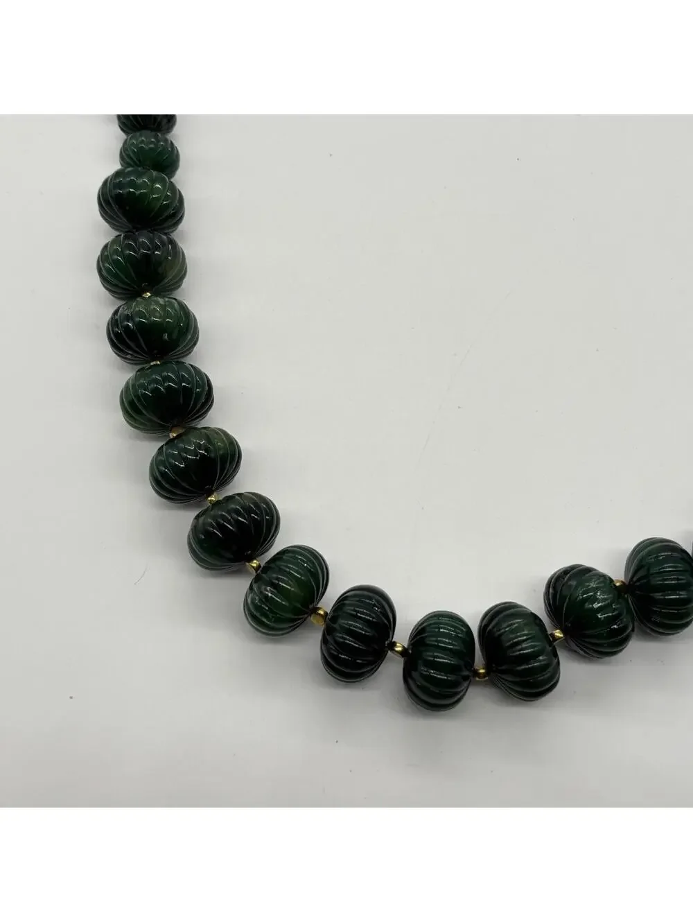 NEW Vintage Carved Green Lucite Beaded Necklace Gold Beads Accents